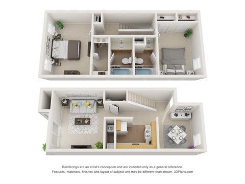 a stylized image of a 1 bedroom floor plan and a 2100 sq ft apartment
